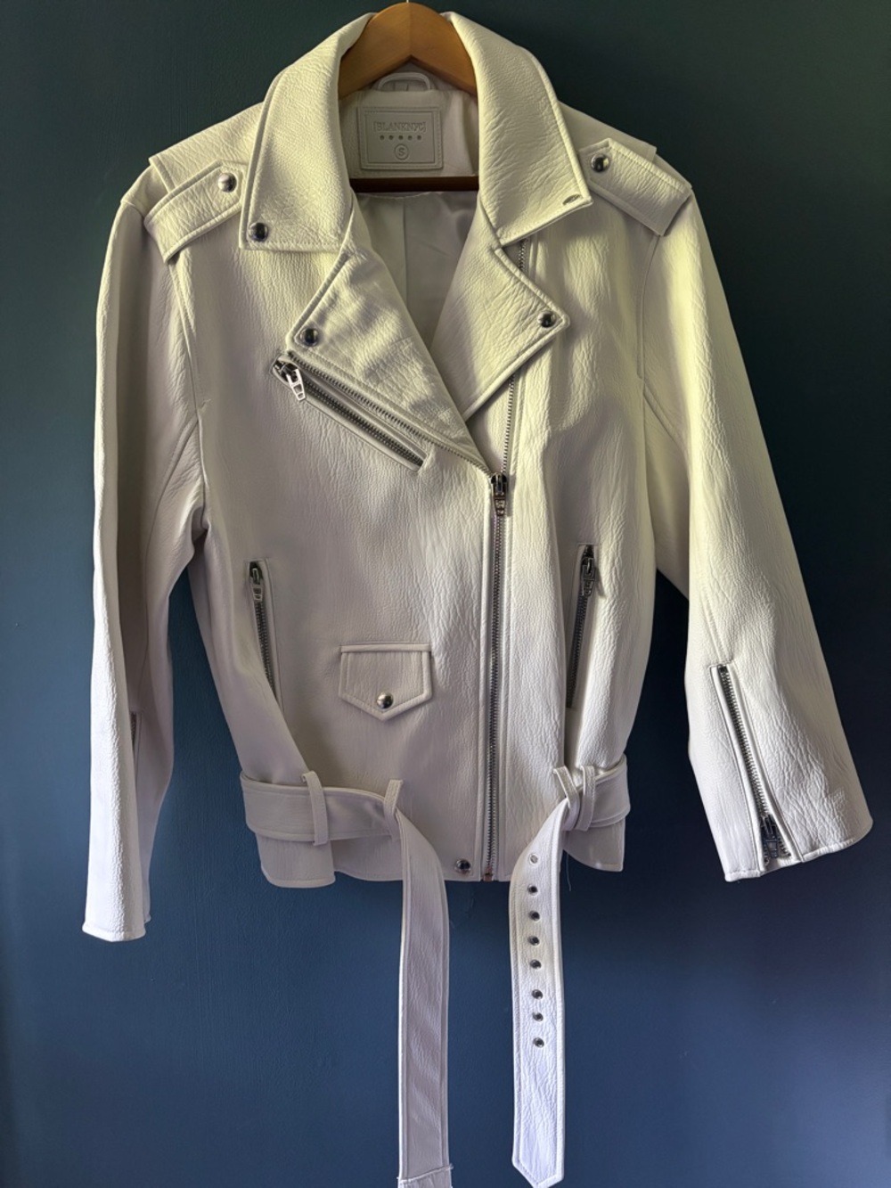 Blank NYC white vegan Leather Moto boyfriend Jacket with Belted Waist
